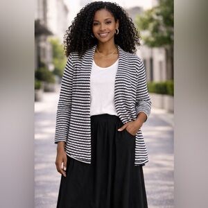 CHICO’S Striped Black and White Open Front Cardigan